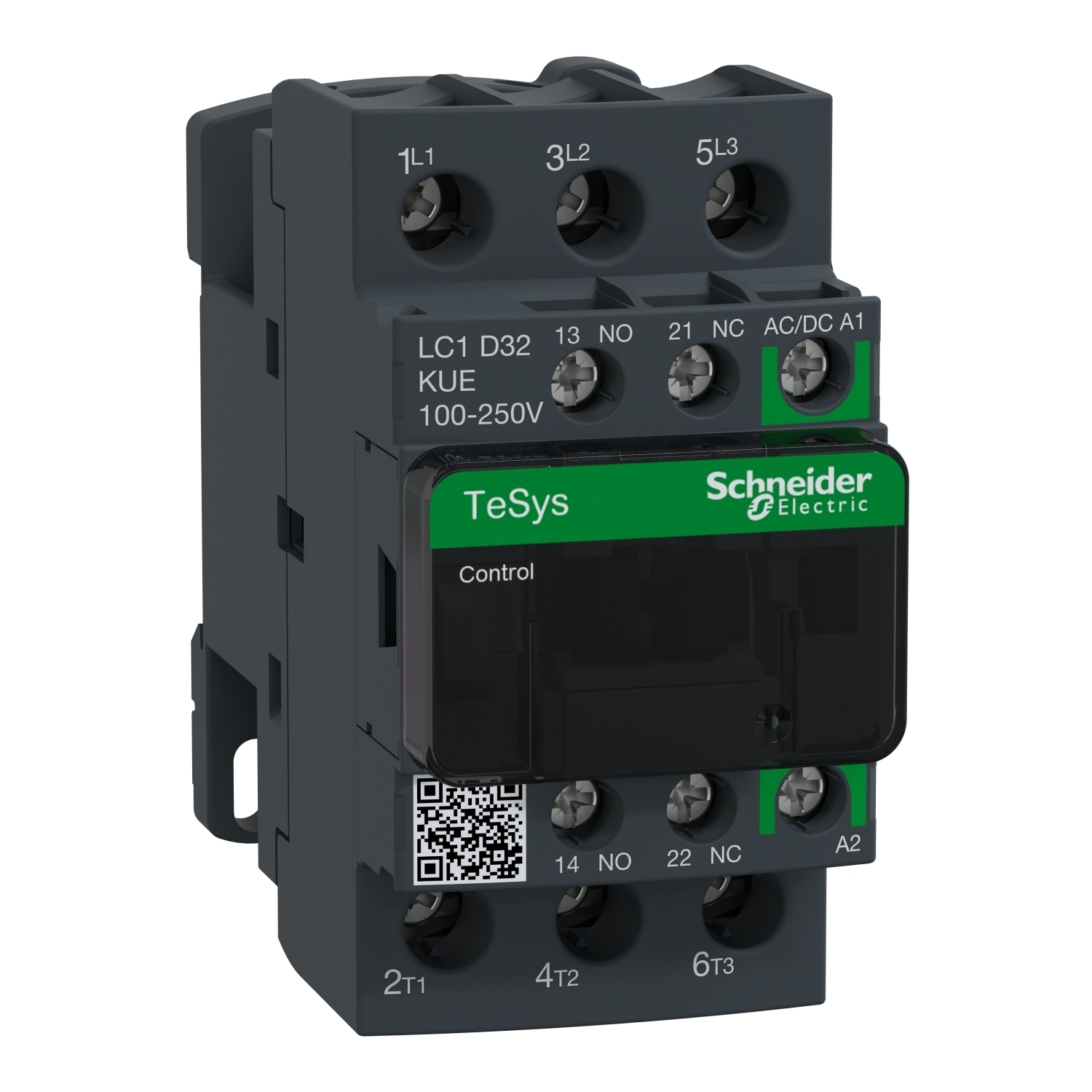 LC1D32KUE TeSys D Contactor With Front Cover, 100 to 250 V AC/DC V Coil, 32 A, 1NO-1NC/3NO Contact, 3 Poles