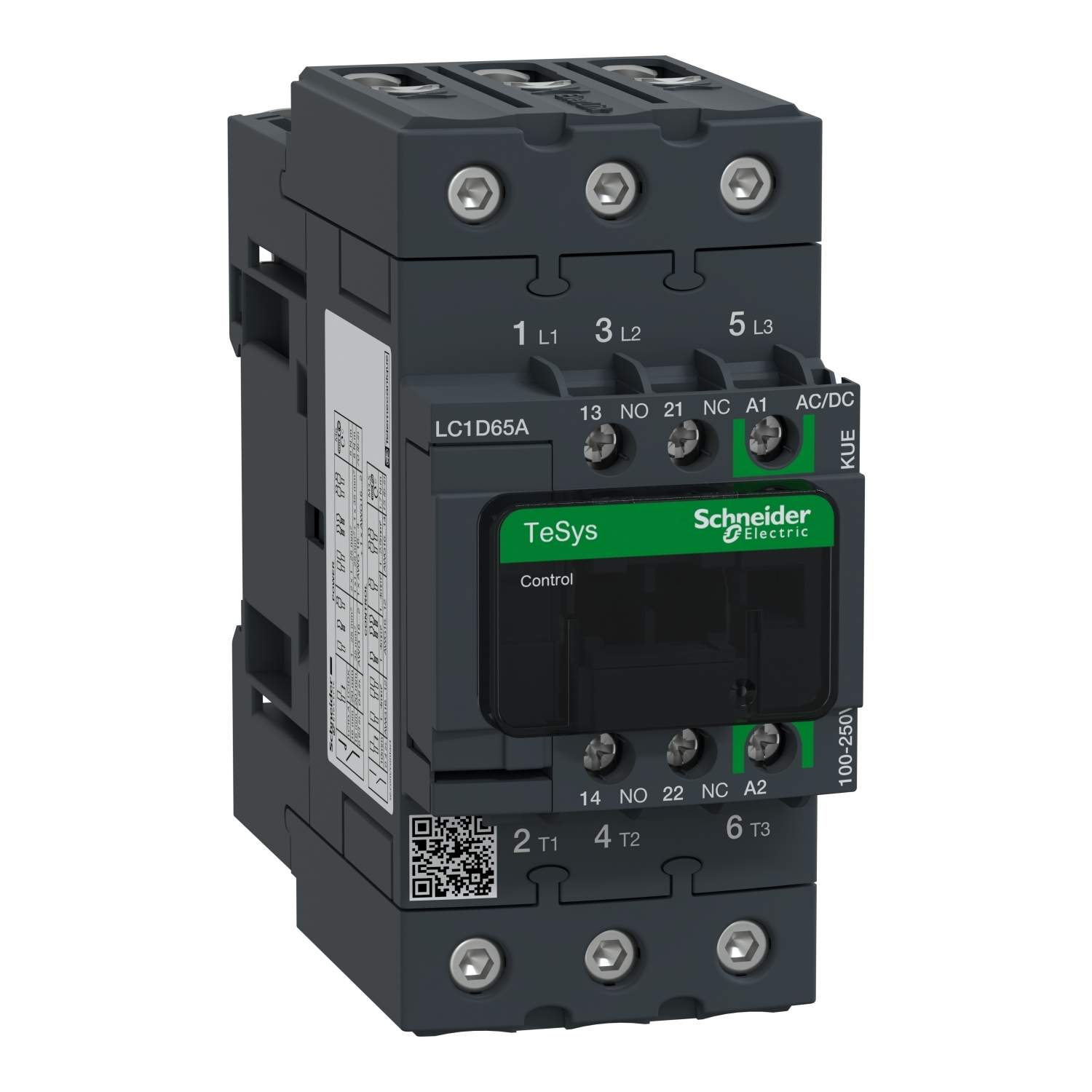 LC1D65AKUE TeSys D Contactor With Front Cover, 100 to 250 V AC/DC V Coil, 80/65 A, 1NO-1NC/3NO Contact, 3 Poles