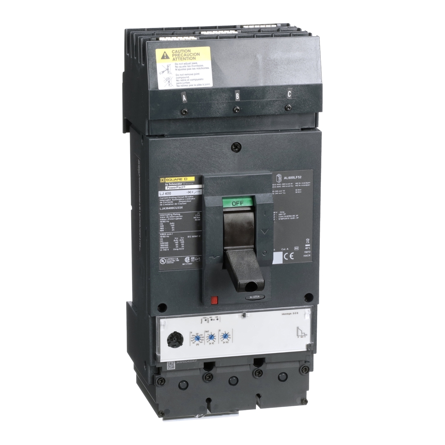 LJA36400CU33X I-Line PowerPact Standard Molded Case Circuit Breaker, 600 V AC, 400 A, 100 kA at 240 V AC/65 kA at 480 V AC/25 kA at 600 V AC Interrupt, 3 Poles, Electronic Trip