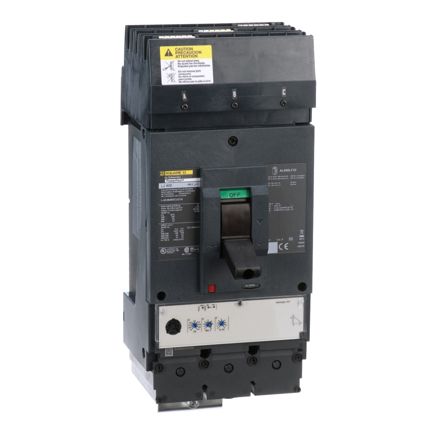 LJA36400CU31X I-Line PowerPact Standard L Molded Case Circuit Breaker, 600 V AC, 400 A, 100 kA at 240 V AC/65 kA at 480 V AC/25 kA at 600 V AC Interrupt, 3 Poles, Electronic Trip