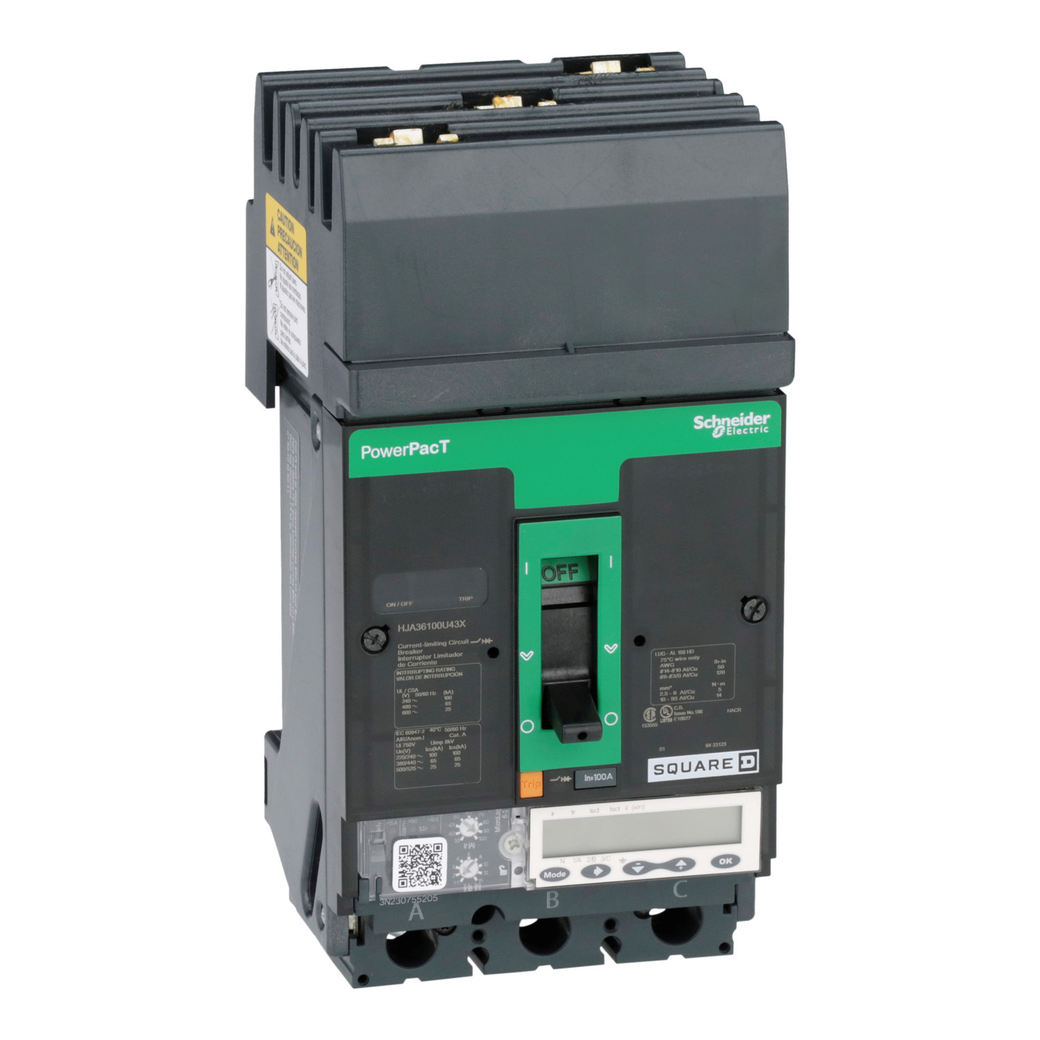 HJA36100U43X I-Line PowerPact Type HJA Molded Case Circuit Breaker, 600 V AC, 100 A, 100 kA at 240 V AC/65 kA at 480 V AC/25 kA at 600 V AC/20 kA at 250 VDC Interrupt, 3 Poles, Electronic Trip