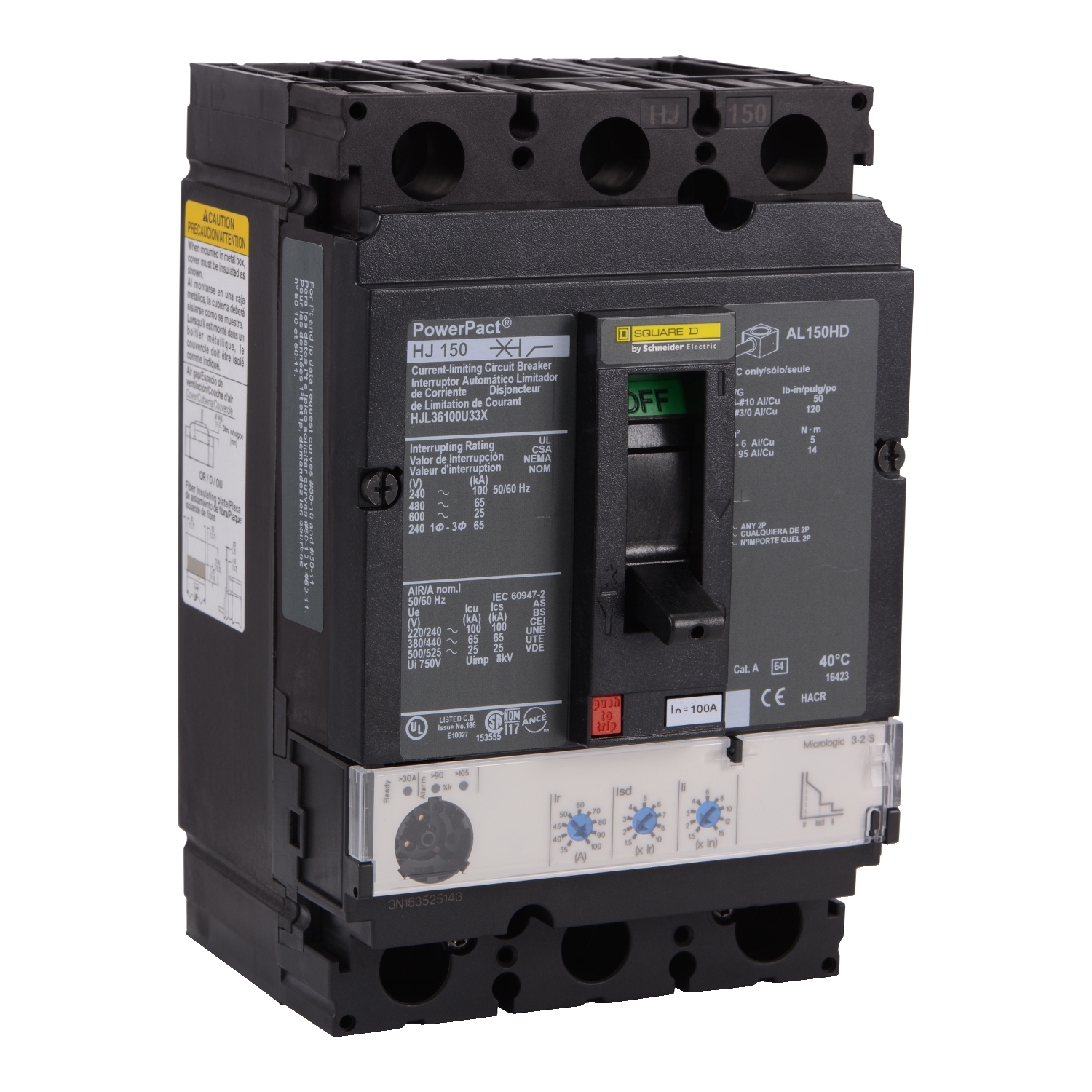 HJL36100U33X Molded Case Circuit Breaker, 100 Amp, 3 Pole, 600V