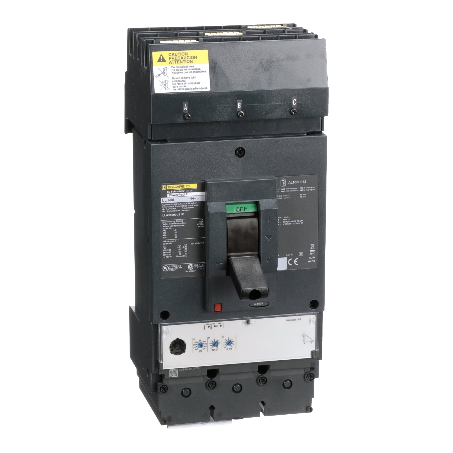 LLA36600U31X I-Line PowerPact Standard L Molded Case Circuit Breaker, 600 V AC, 600 A, 125 kA at 240 V AC/100 kA at 480 V AC/50 kA at 600 V AC Interrupt, 3 Poles, Electronic Trip