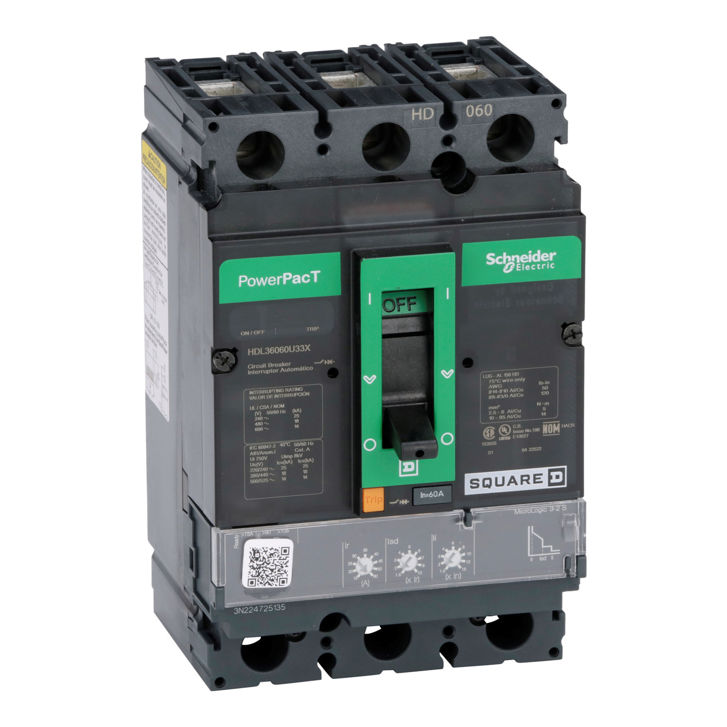 HDL36060U33X Molded Case Circuit Breaker, 60 Amp, 3 Pole, 600V