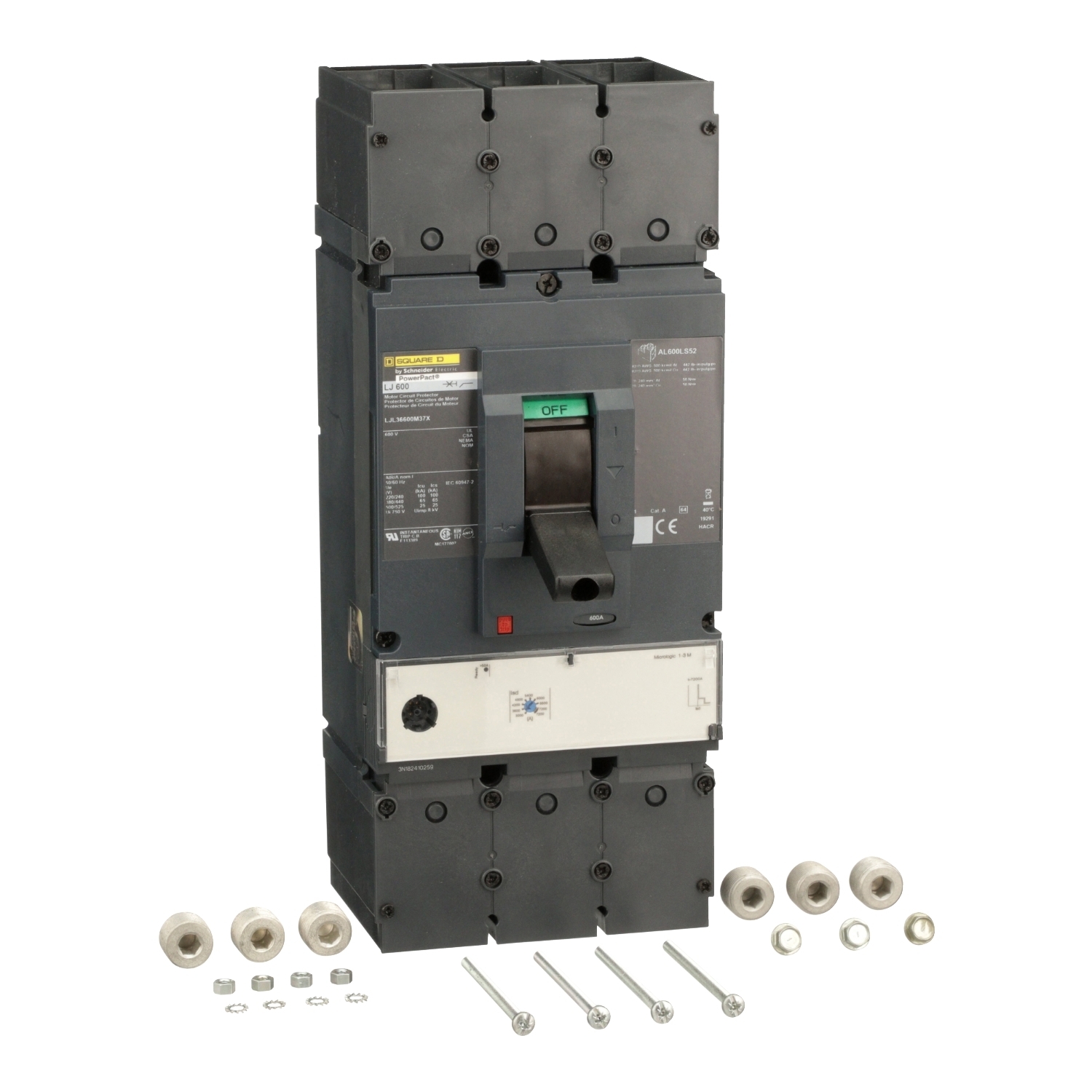 LJL36600M37X PowerPact Motor Circuit Protector, 600 V AC, 400 A, 100 kA at 240 V AC, 65 kA at 480 V AC, 25 kA at 600 V AC Interrupt, 3 Poles, Electronic Trip