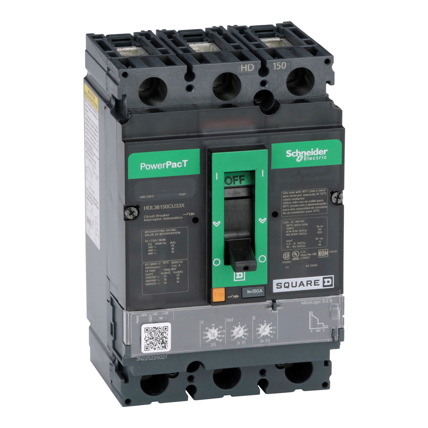 HDL36150CU33X PowerPact H Molded Case Circuit Breaker, 600 V AC, 150 A, 14 kA Interrupt, 3 Poles, Electronic Trip