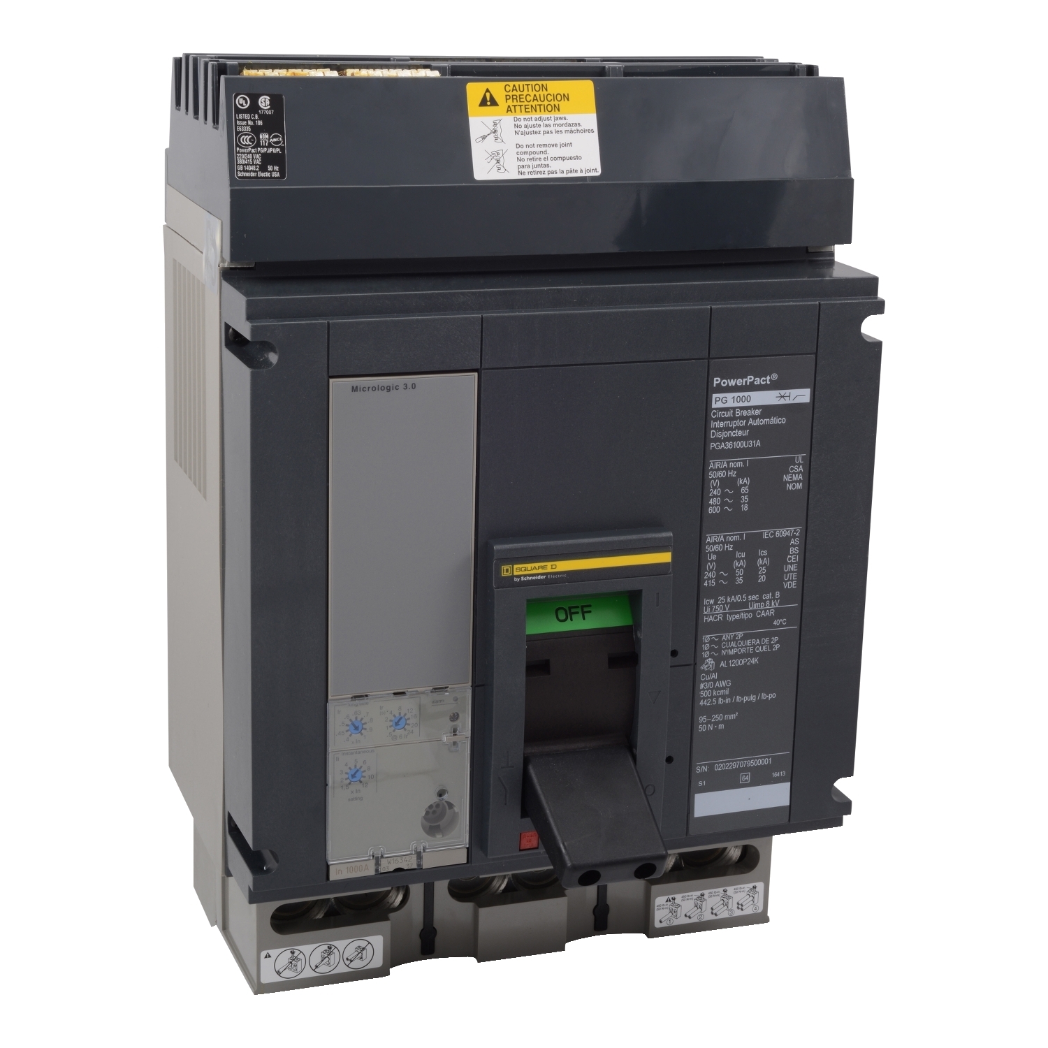 PGA36100U33A PowerPact MasterPact Molded Case Circuit Breaker, 600 V AC, 1000 A, 18 kA Interrupt, 3 Poles, Electronic Trip