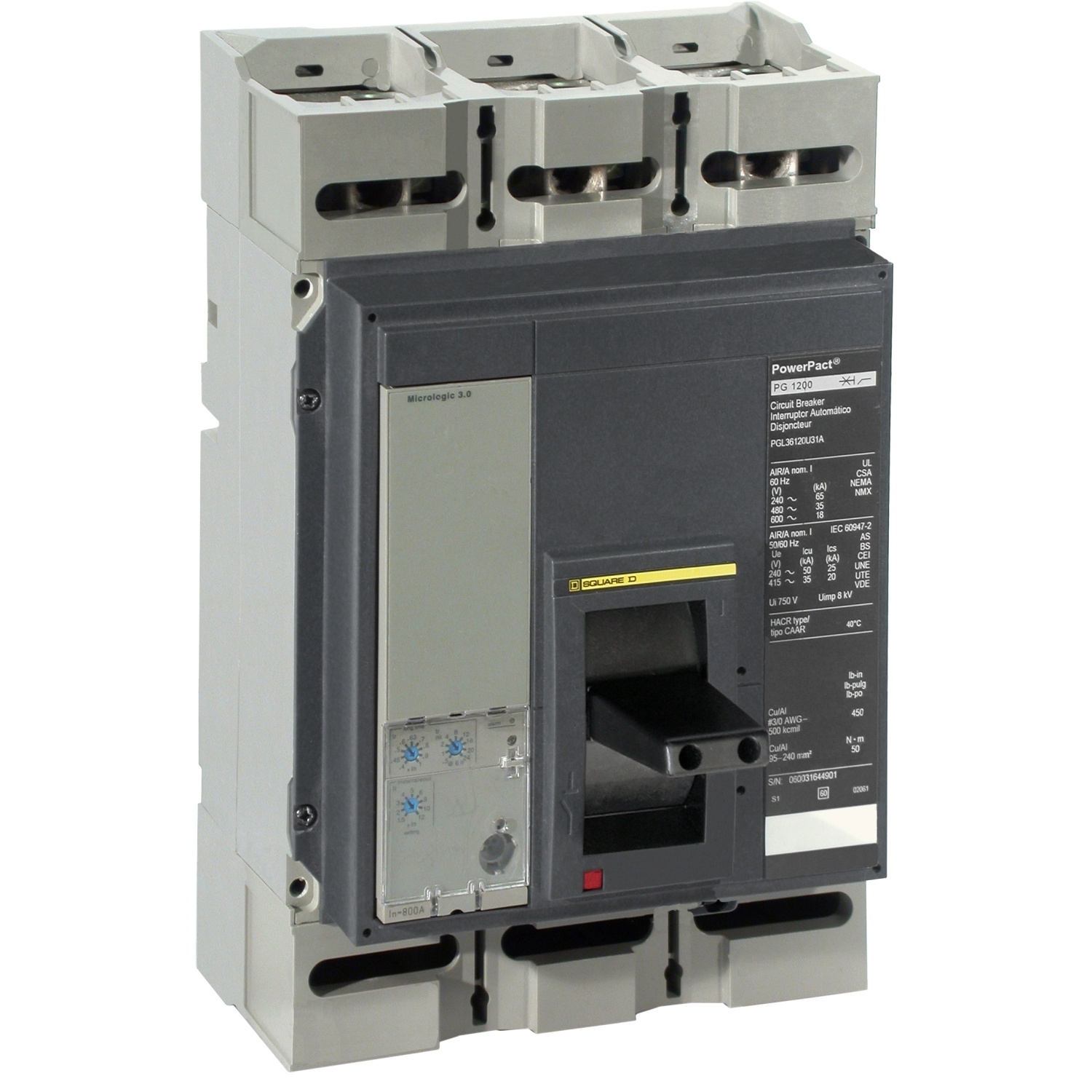 PLL34080U31A PowerPact MasterPact Molded Case Circuit Breaker, 480 V AC, 800 A, 100 kA Interrupt, 3 Poles, Electronic Trip