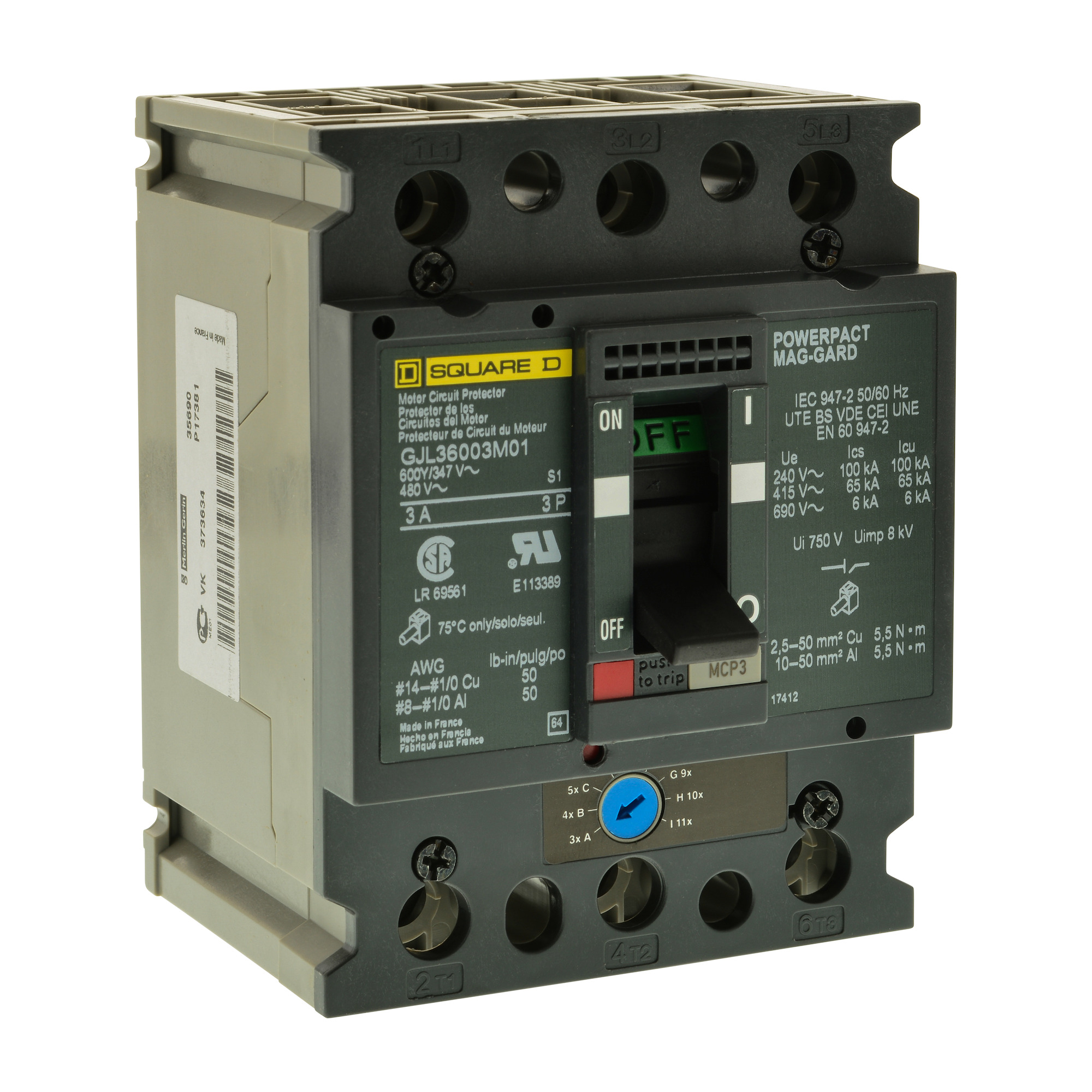 GJL36075M06 GJL Series Type GJL Circuit Protector, 600Y/347 VAC, 75 A, 3 Poles, Magnetic Trip