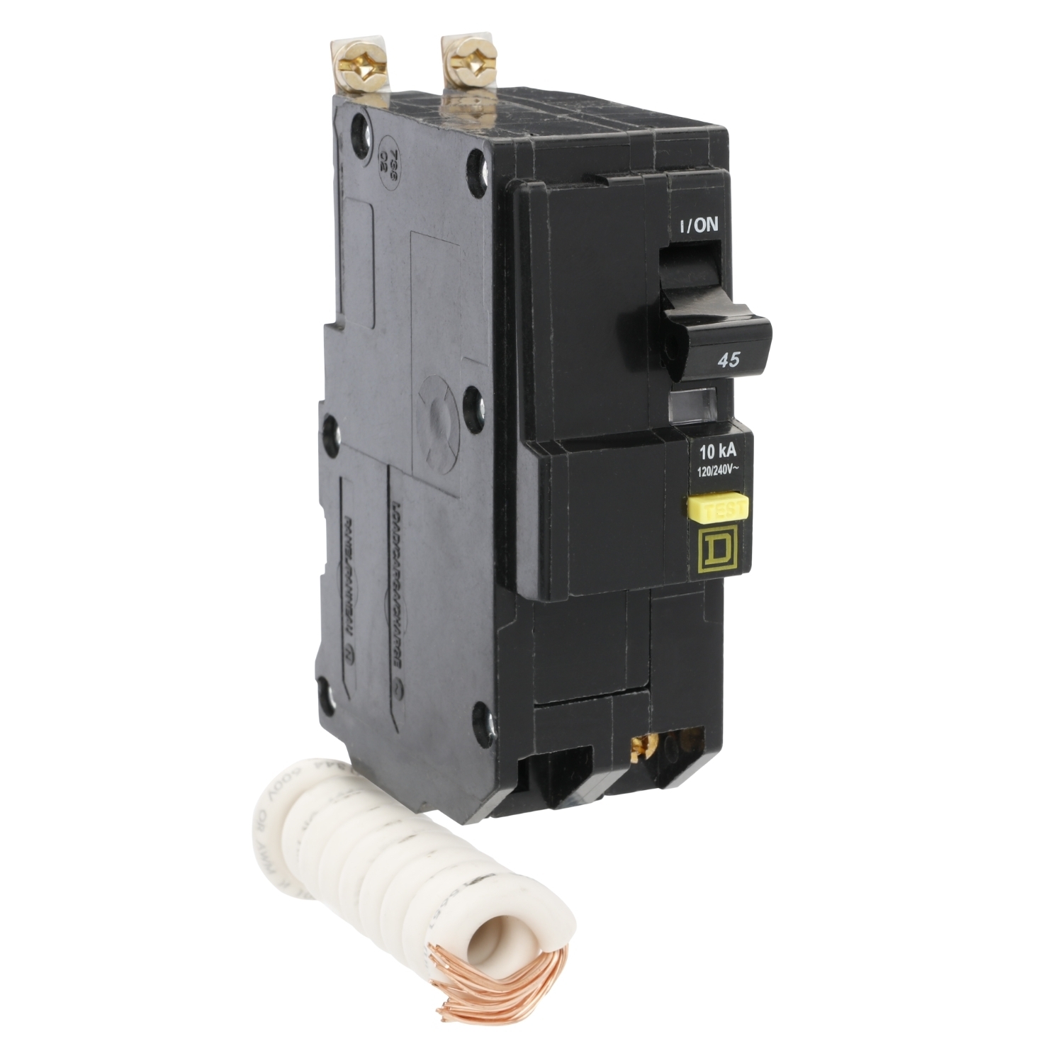 QOB245GFI 2-Space Class A Ground Fault Protecting Miniature Circuit Breaker With Visi-Trip Indicator, 120/240 V AC, 45 A, 10 kA Interrupt, 2 Poles