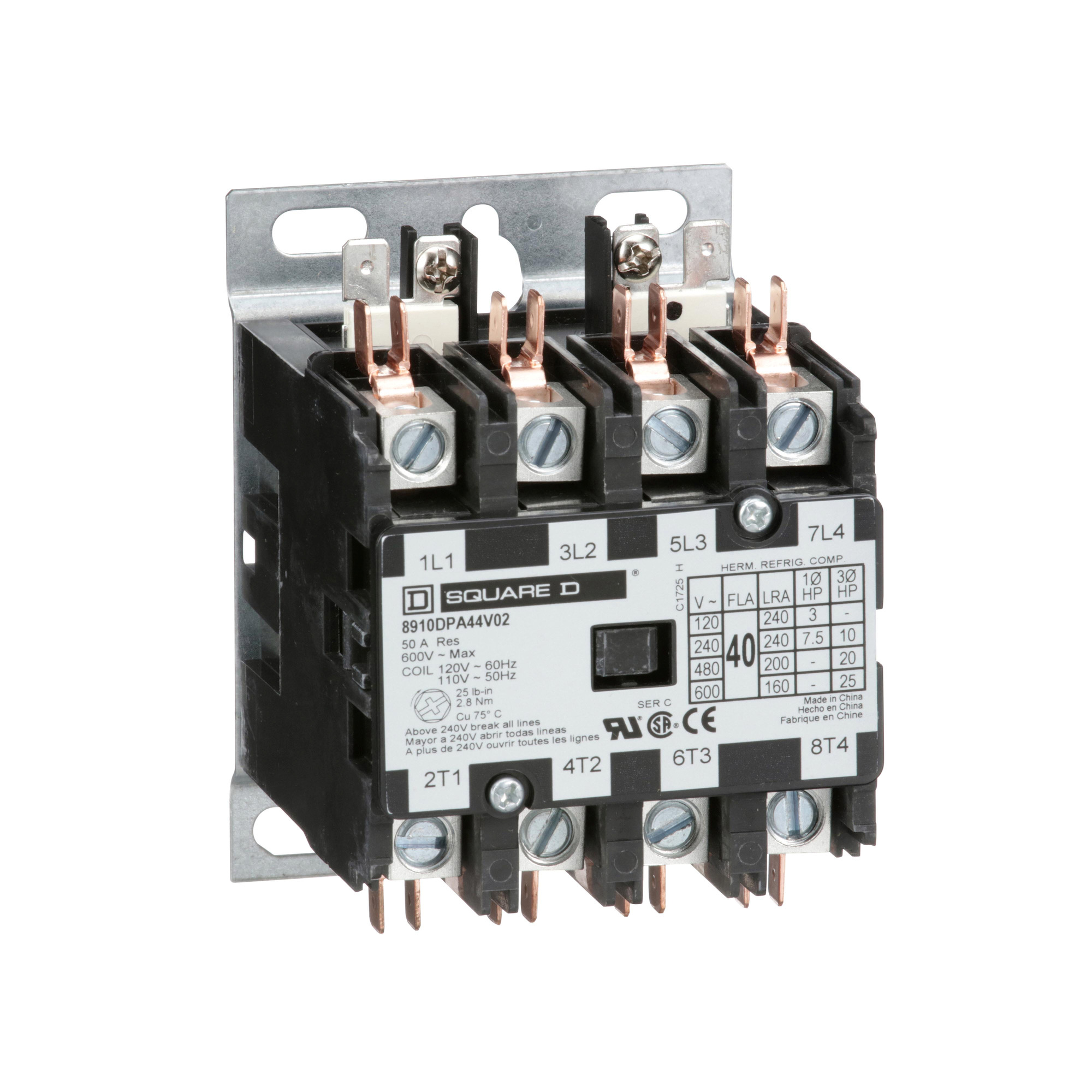 8910DPA24V09 Type DPA Definite Purpose Contactor, 220/208/240 V AC V Coil, 25 A, 4NO Contact, 4 Poles