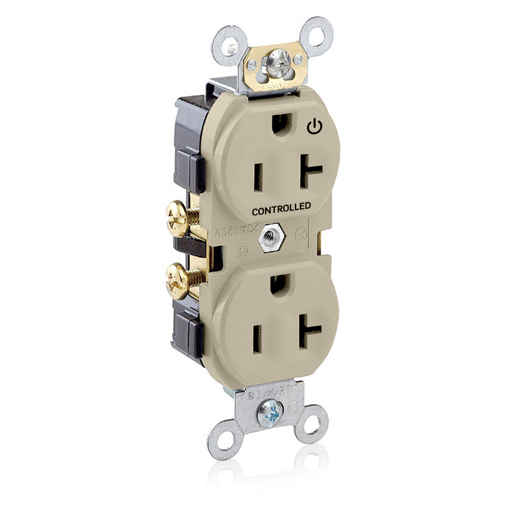 CR020-1PT Duplex Self-Grounding Straight Blade Receptacle With 1 Plug Controlled Markings, 125 V AC, 20 A, 2 Poles, 3 Wires, Light Almond