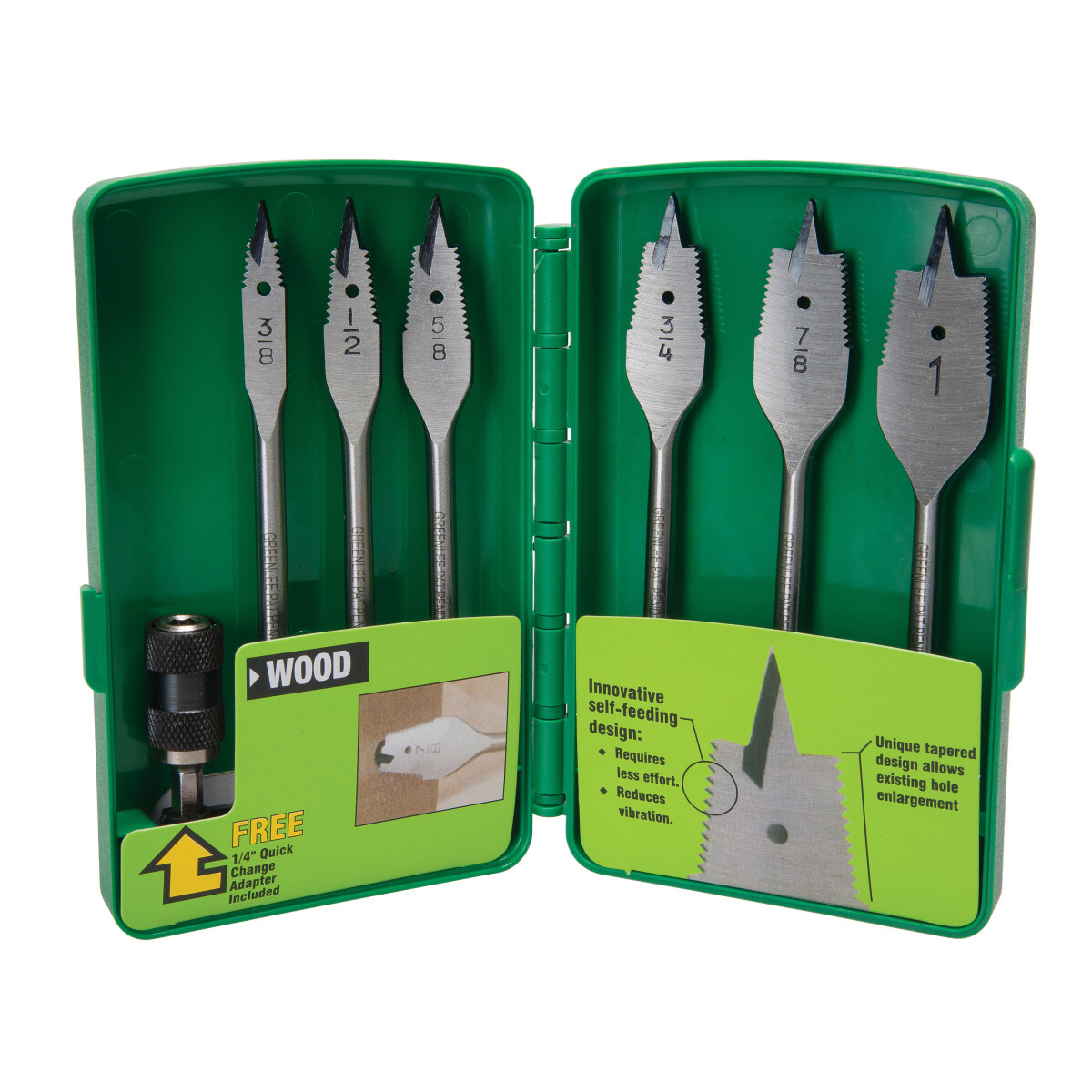 34AR-6 Self-Feeding Spade Bit Kit, 3/8 in Min Drill Bit, 1 in Max Drill Bit, 6 Pieces, For Use With 1/4 in or Larger Power Drill, Steel