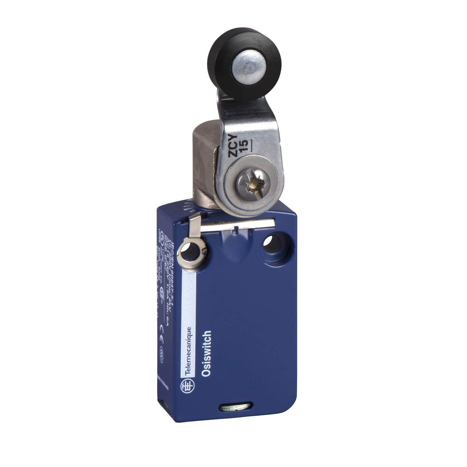XCMD2115L1 OsiSense Fixed Heavy Duty Miniature Modular Standard Limit Switch, 240 V AC, 250 V DC, 6 A, Spring Return Roller Lever Arm Actuator, 1NO-1NC Contact, 2 Poles