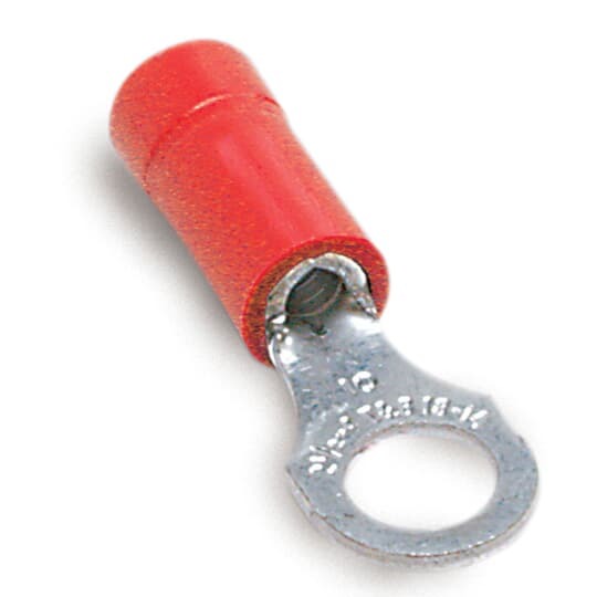 18RA-8 Sta-Kon RA Series Insulated Ring Terminal, 22 to 16 AWG Conductor, 0.97 in L, Brazed Seam Barrel, Copper, Red