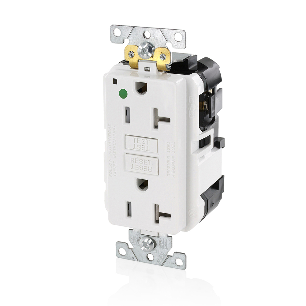 MGFT2-HGW SmartlockPro Slim Feed-Through Self-Test Tamper-Resistant GFCI Receptacle, 125 V AC, 20 A, 2 Poles, 3 Wires, White