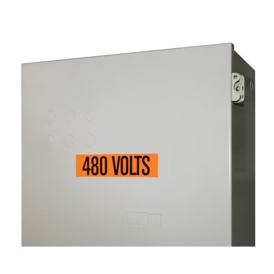 WDT-5021 E-Z Code Style B Conduit and Voltage Marker Card, 1-1/8 in W x 4-1/2 in L, 480 VOLTS Legend, Black Legend, Orange Background, Vinyl