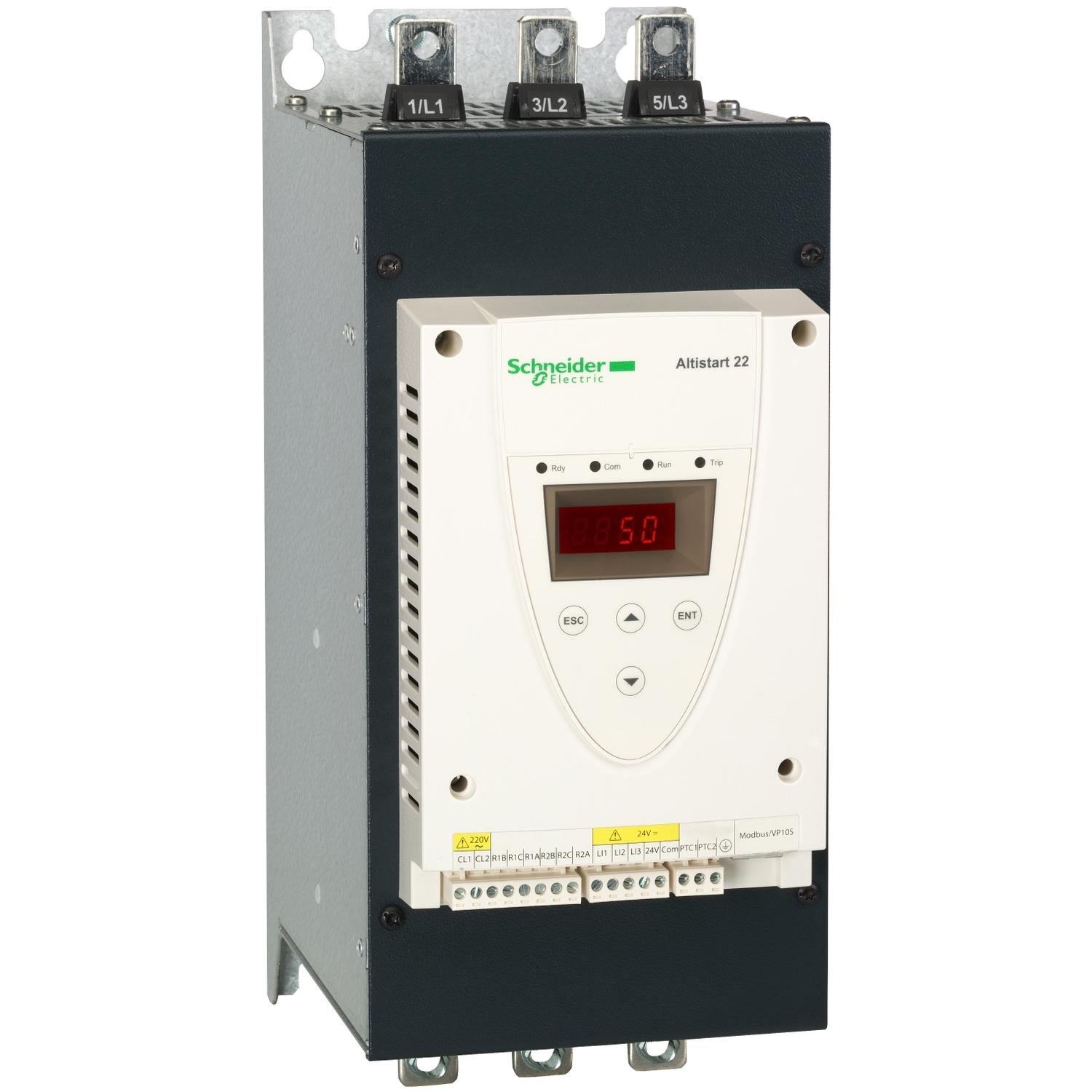 ATS22C11S6U Altistart 22 Internal Bypass Soft Starter With Heat Sink, 110 VAC V Coil, 3 Poles, IP20 Enclosure