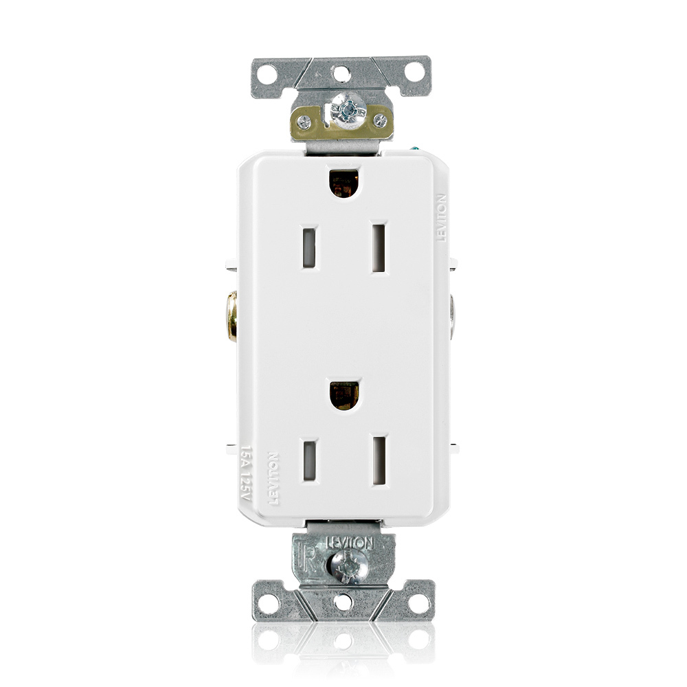 TDR15-W TDR15 Duplex Heavy Duty Self-Grounding Smooth Face Tamper-Resistant Straight Blade Receptacle, 125 V AC, 15 A, 2 Poles, 3 Wires, White