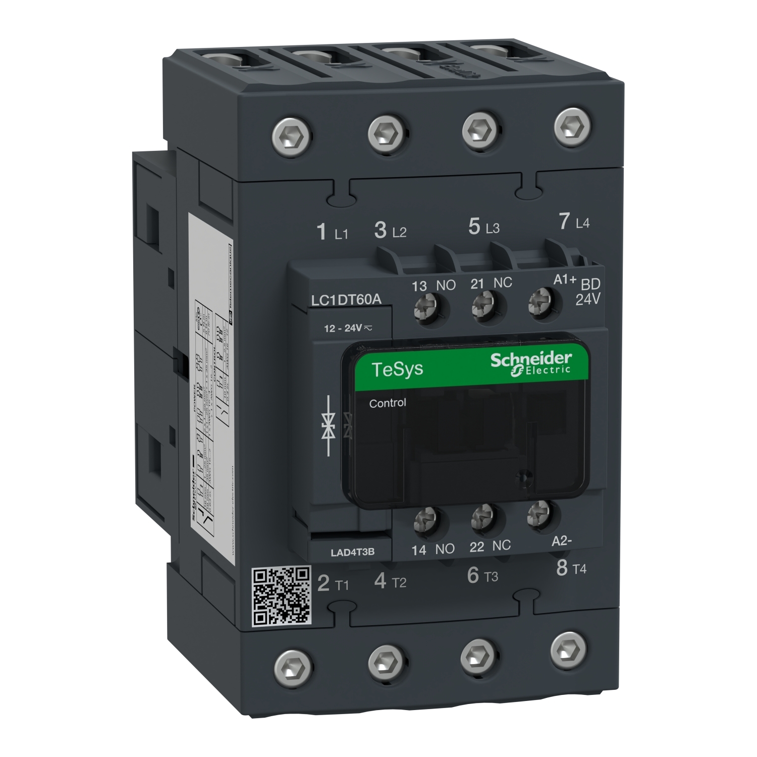 LC1DT60ABD TeSys D Contactor With Front Cover, 24 V DC V Coil, 60 A, 4NO Contact, 4 Poles