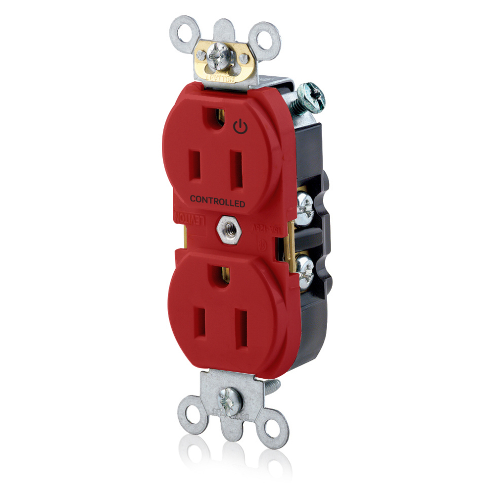5262-S1R Heavy Duty Narrow Body Straight Blade Duplex Receptacle With 1 Plug Controlled Markings, 125 V AC, 15 A, 2 Poles, 3 Wires, Red