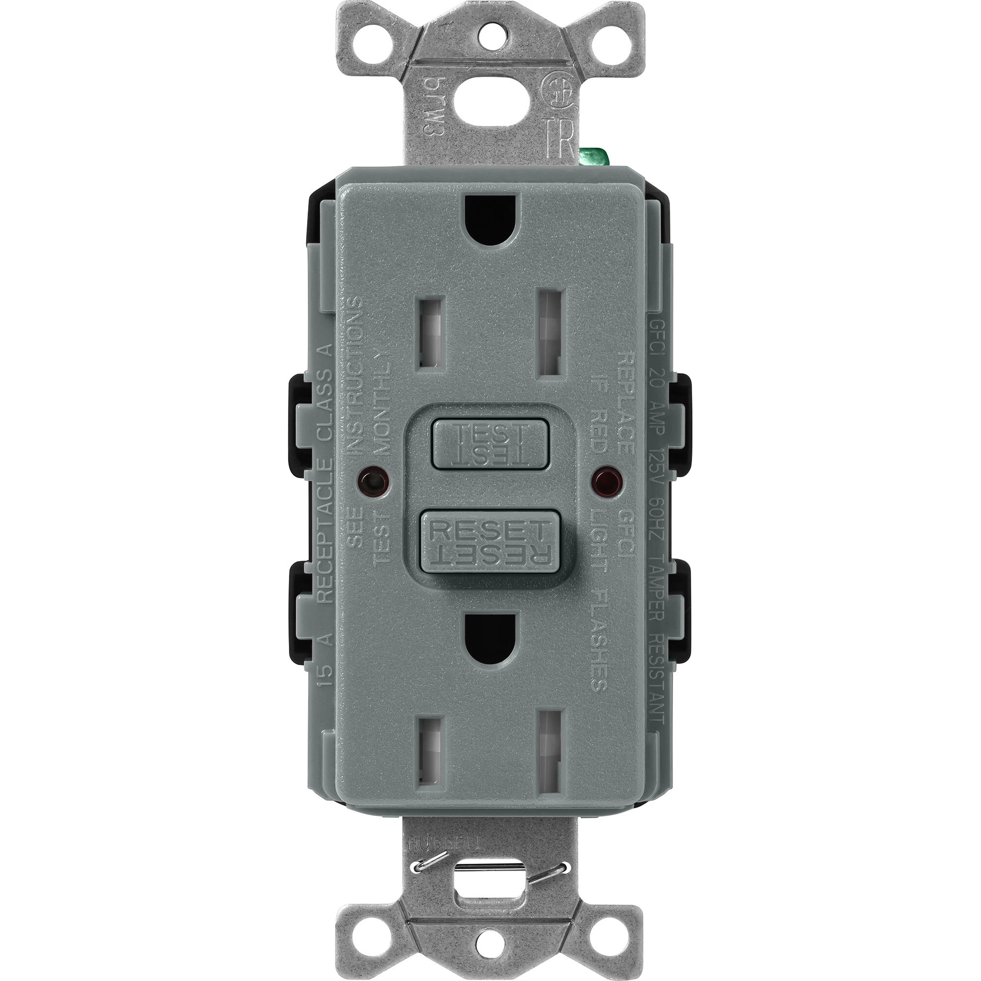 SCR-15-GFST-SL Claro Tamper-Resistant GFCI Duplex Receptacle, Decorator-Style Outlet, 15 Amp, Self-Testing, Satin, Slate