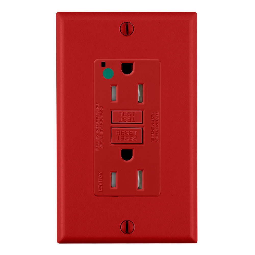 GFTR1-HGR SmartlockPro Slim Duplex Feed Through Self-Test Tamper Resistant GFCI Receptacle With LED Indicator, 125 V AC, 15 A, 2 Poles, 3 Wires, Red