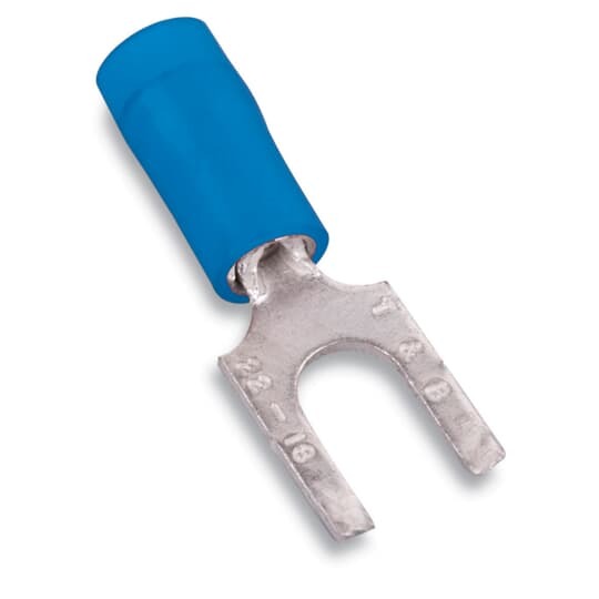 RB14-8FS Sta-Kon RB Series Insulated Fork Terminal, 18 to 14 AWG Conductor, 0.89 in L, Brazed Seam/Serrated Barrel, Copper, Blue