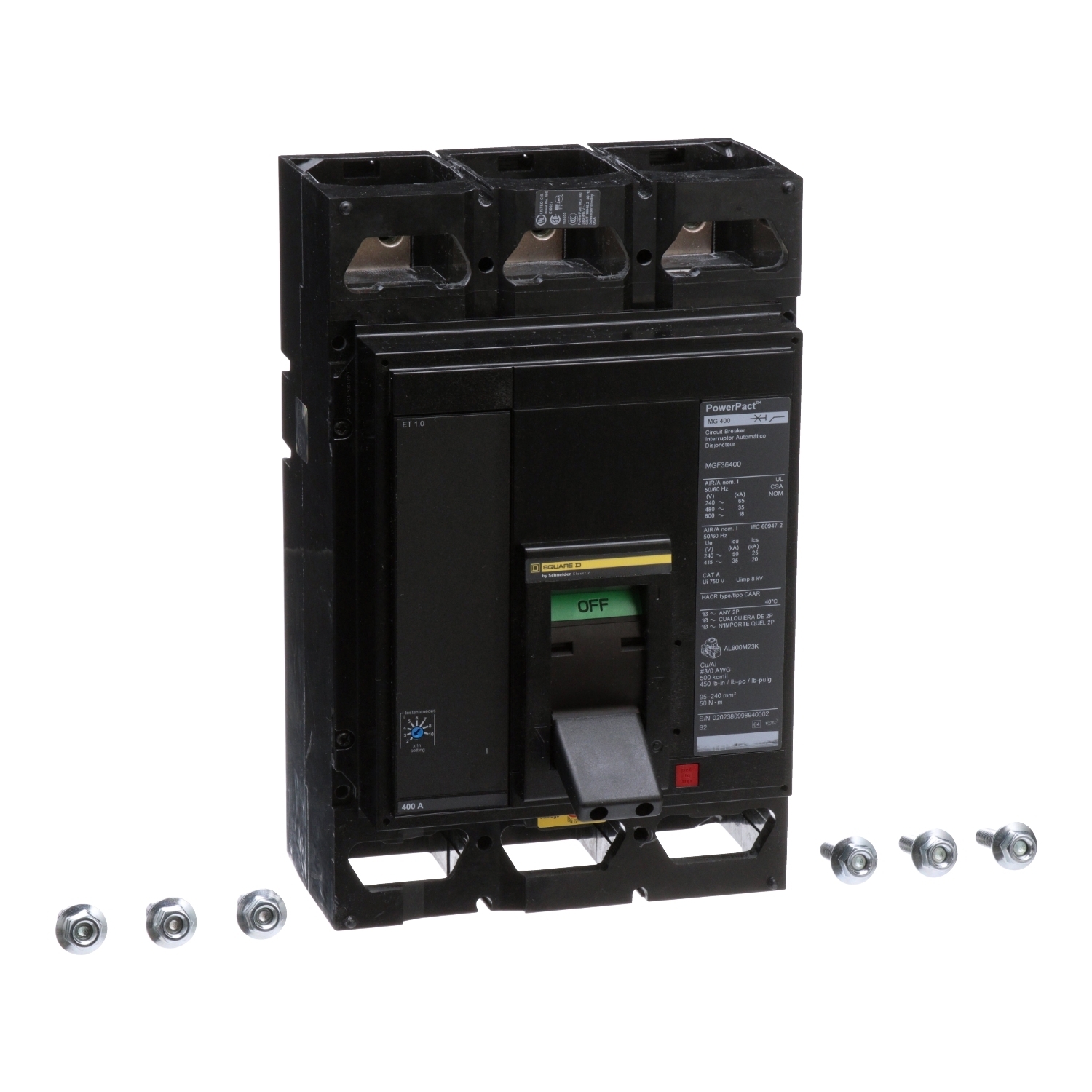 MGF36600 PowerPact 80% Rated Molded Case Circuit Breaker, 600 V AC, 600 A, 18/35/65 kA Interrupt, 3 Poles, Electronic Trip