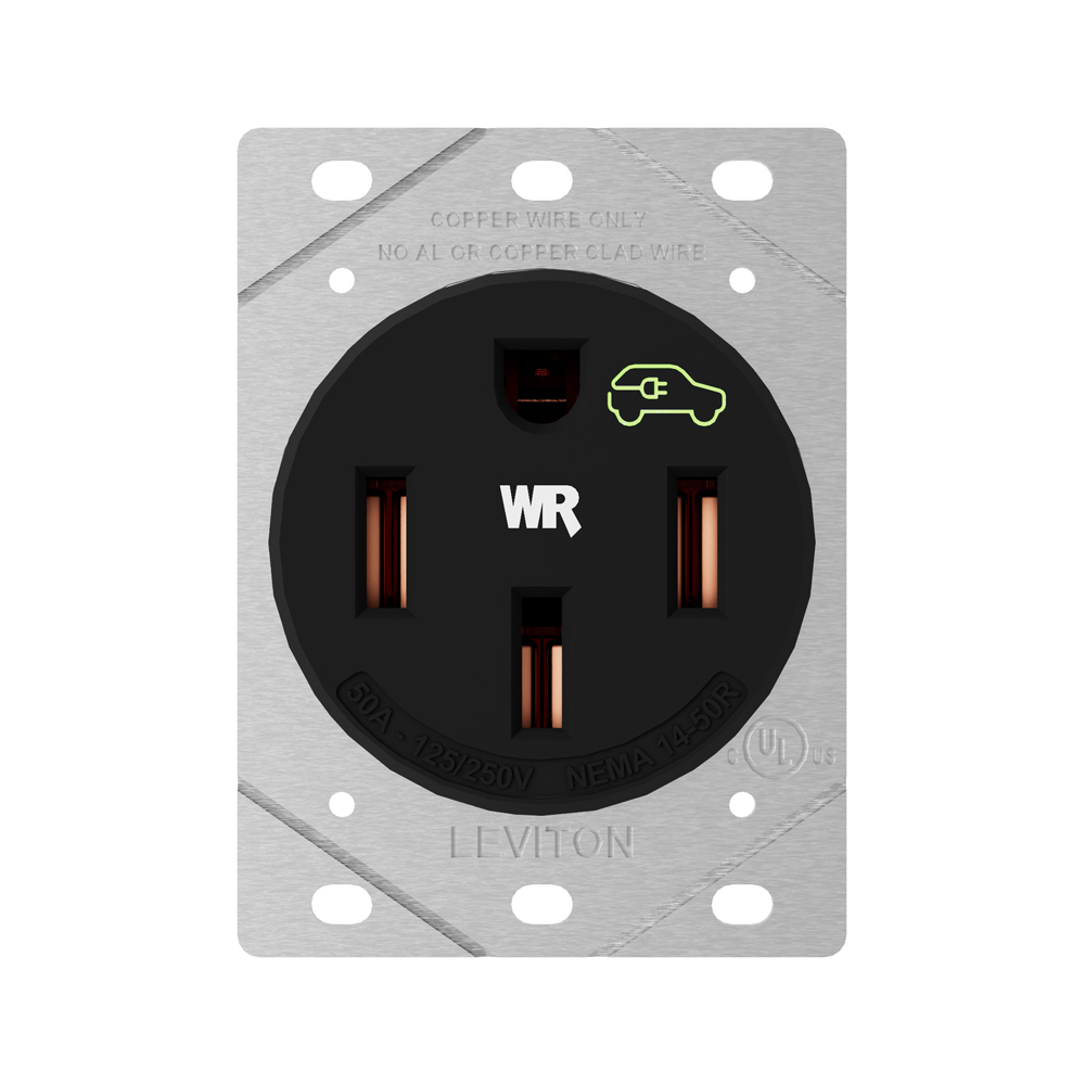 1450W Heavy Duty Charging Receptacle/Outlet, For Use With Plug-in EV Charging Applications, 125 to 250 Voltage, 50 Amperage, 3 Poles, 4 Wire, Flush Mount, Nylon/Steel, White
