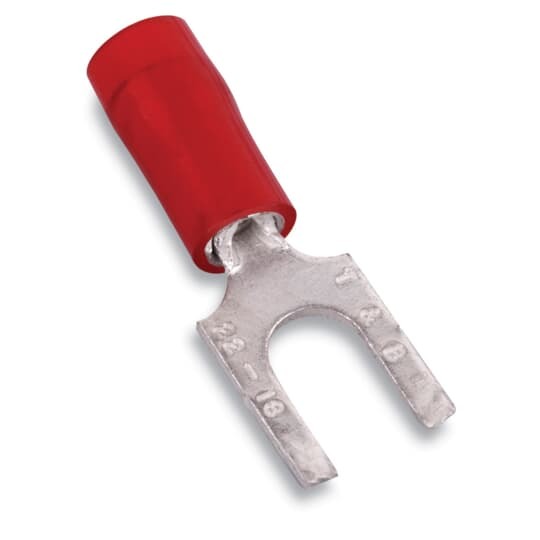 RA18-8FS Sta-Kon RA Series Insulated Fork Terminal, 22 to 16 AWG Conductor, 0.89 in L, Brazed Seam/Serrated Barrel, Copper, Red