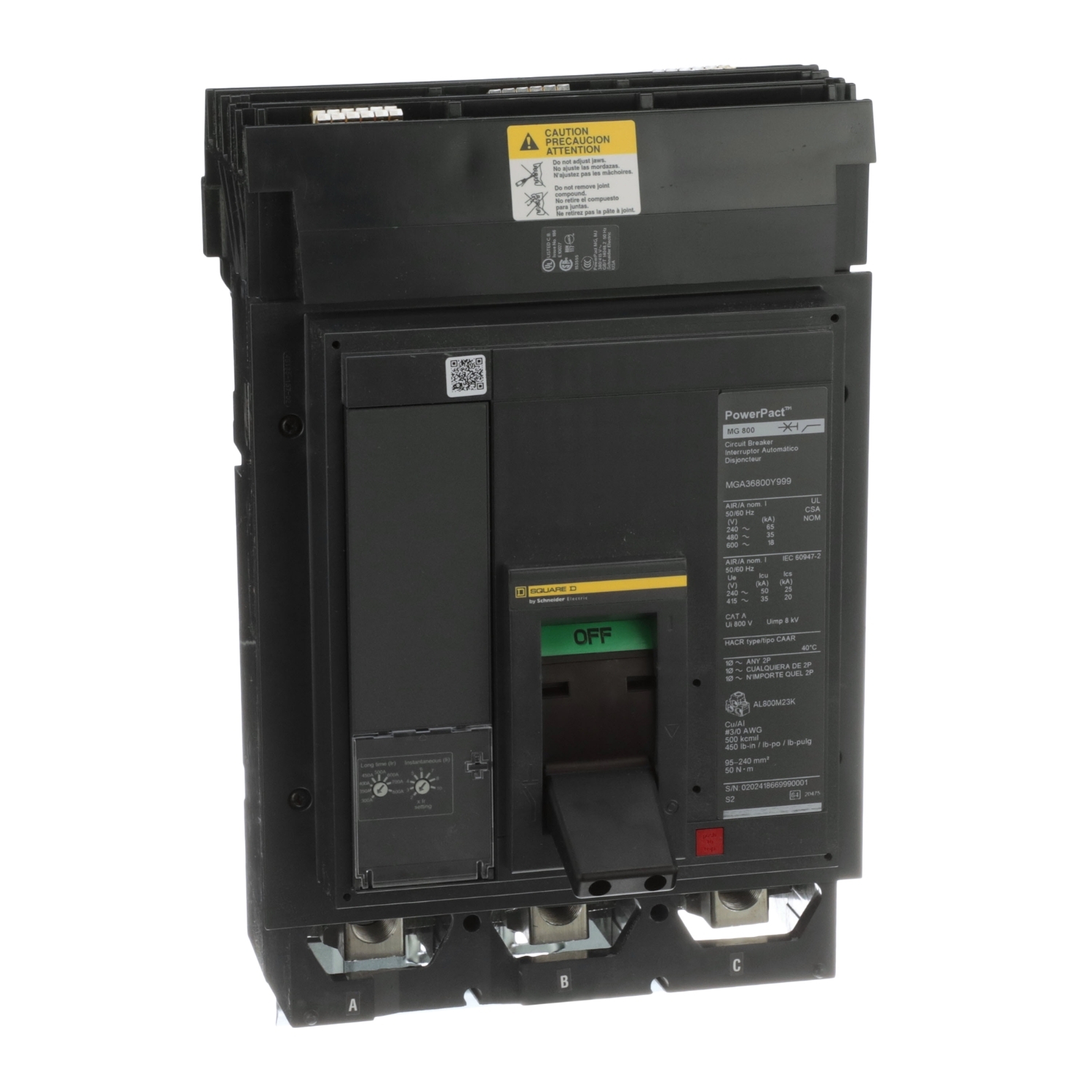 MGA26800E102 Series Circuit Breaker, 600 V AC, 300-800 A, 35 to 60 kA interrupt, 2 poles, Magnetic trip