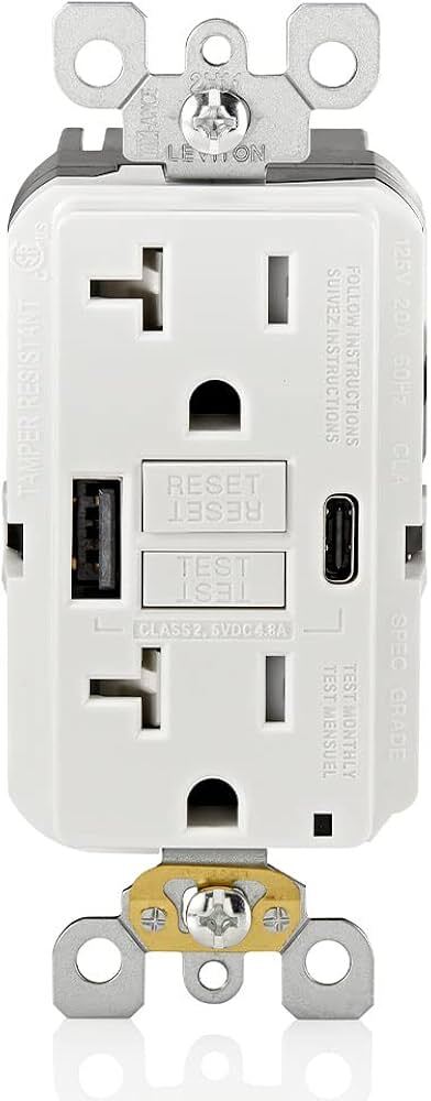 GUAC2-W GUAC Charger Outlet, 125 V AC, 20 A, 2 Poles, 5 Wires, White