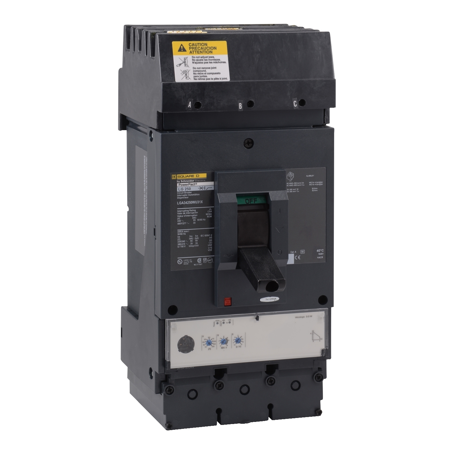 LGA34250WU31X I-Line PowerPact Standard Molded Case Circuit Breaker, 480Y/277 V AC, 250 A, 65 kA at 240 V AC/35 kA at 480 V AC/18 kA at 600 V AC Interrupt, 3 Poles, Electronic Trip