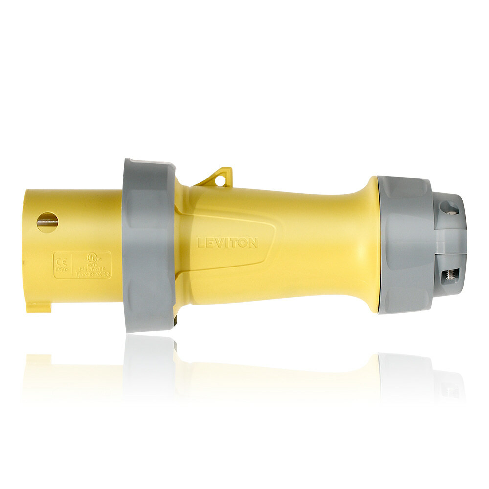 360P4WLEV LEV Series 4-Clock Position Watertight Pin and Sleeve Plug, 125 V AC, 60 A, 2 Poles, 3 Wires, Yellow