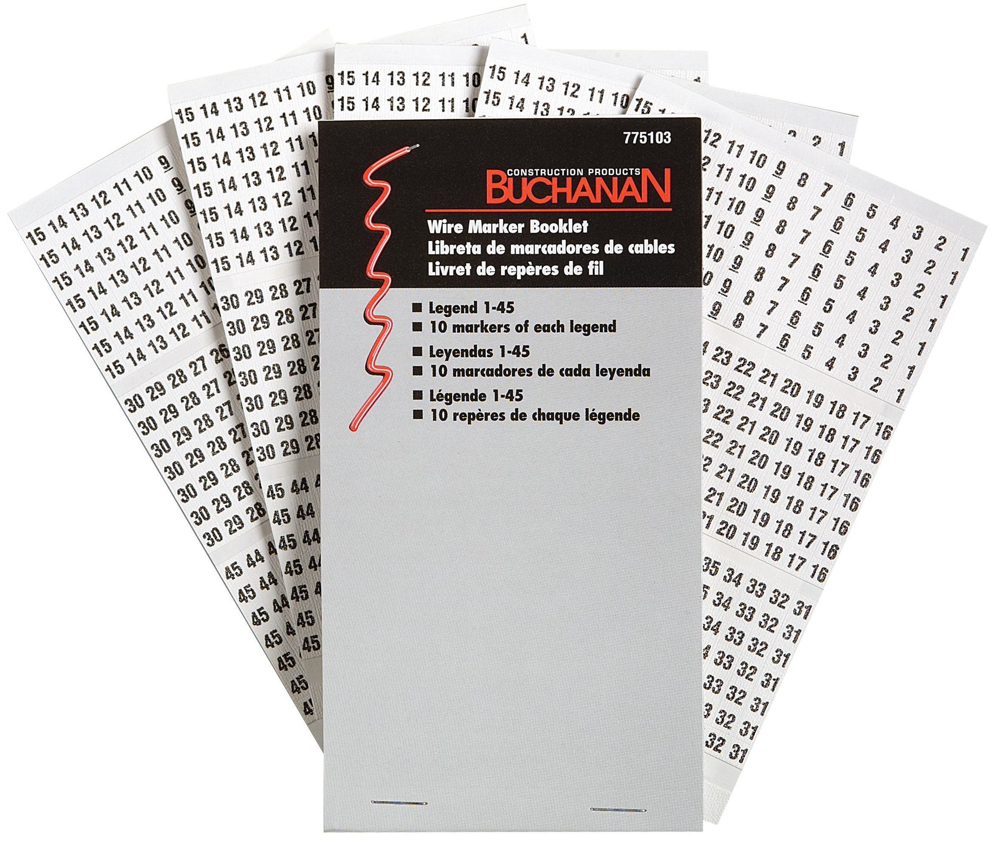 775103 Buchanan Pre-Printed Wire Marker Booklet, 1-1/2 in L x 1/4 in W, Black/White, Plastic Impregnated Cloth