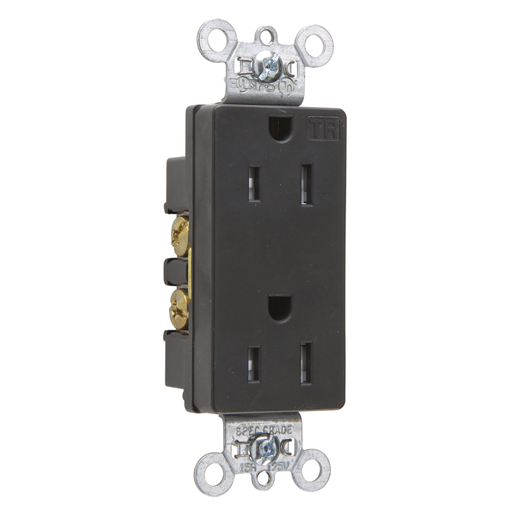 TR26262BK 3-Phase Decorator Duplex Heavy Duty Tamper-Resistant Straight Blade Receptacle, 125 V AC, 15 A, 2 Poles, 3 Wires, Black