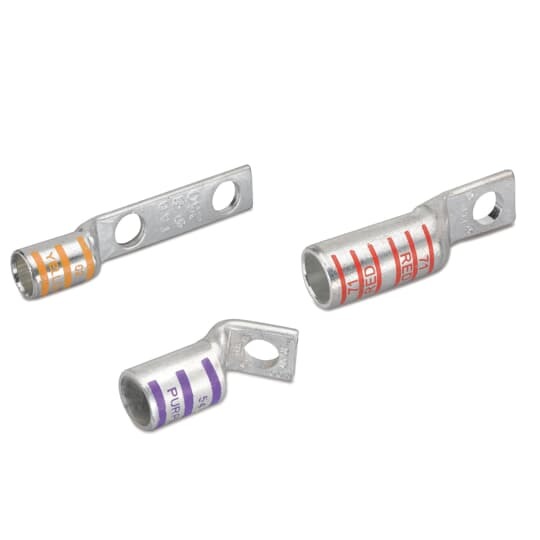 54162NT Color-Keyed 54100 1-Hole Non-Insulated Compression Lug With Peep Hole, 3/0 AWG Copper Conductor, Die Code: 50, 1/4 in Stud, Copper