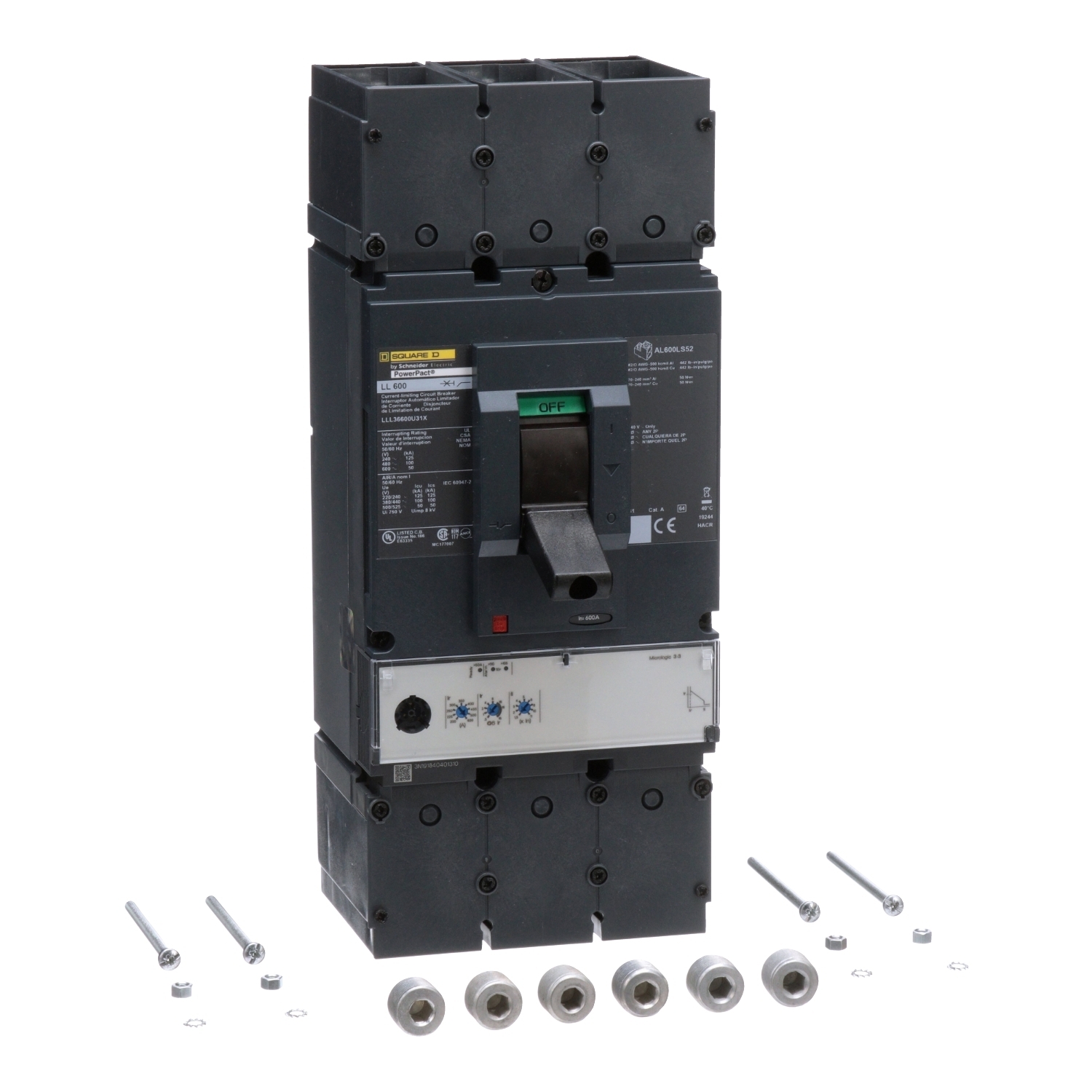 LLL36600U31X PowerPact Standard L Molded Case Circuit Breaker, 600 V AC, 600 A, 125 kA at 240 V AC/100 kA at 480 V AC/50 kA at 600 V AC Interrupt, 3 Poles, Electronic Trip