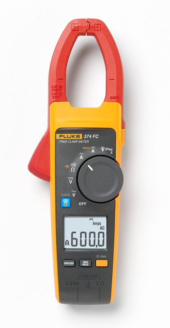 FLUKE-374/FC Wireless Clamp Meter, 600 A, 6000 Ohm, 10 to 100/100 to 500 Hz, 34 mm Jaw