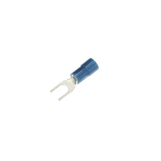 TV14-8F-XV Catamount Fork Terminal, 16 to 14 AWG Conductor, 0.899 in L, Brazed Seam/Funnel Entry/Internal Serration Barrel, Copper, Blue