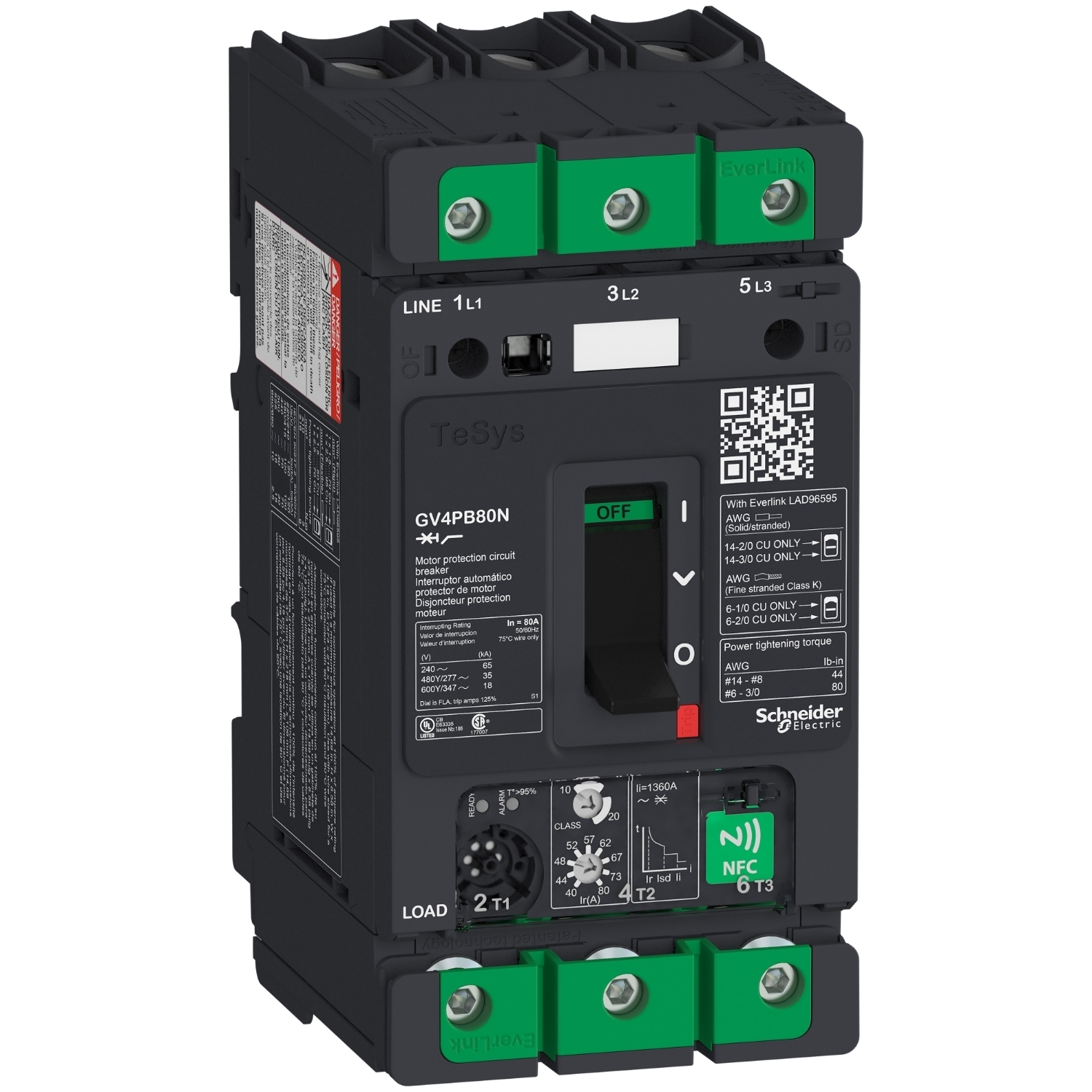 GV4PB80N GV4 Multi-Function Motor circuit breaker, 690, 347 V AC, 80 A, 50 kA Interrupt, 3 P Poles, Thermal Magnetic Trip