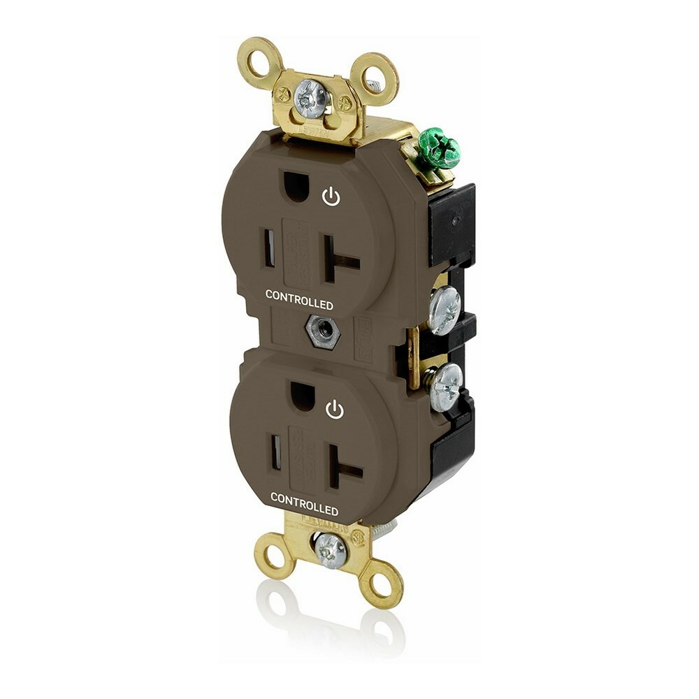 5362-2P Extra Heavy Duty Self Grounding Tamper Resistant Straight Blade Duplex Receptacle With 2 Plug Controlled Markings, 125 V AC, 20 A, 2 Poles, 3 Wires, Brown