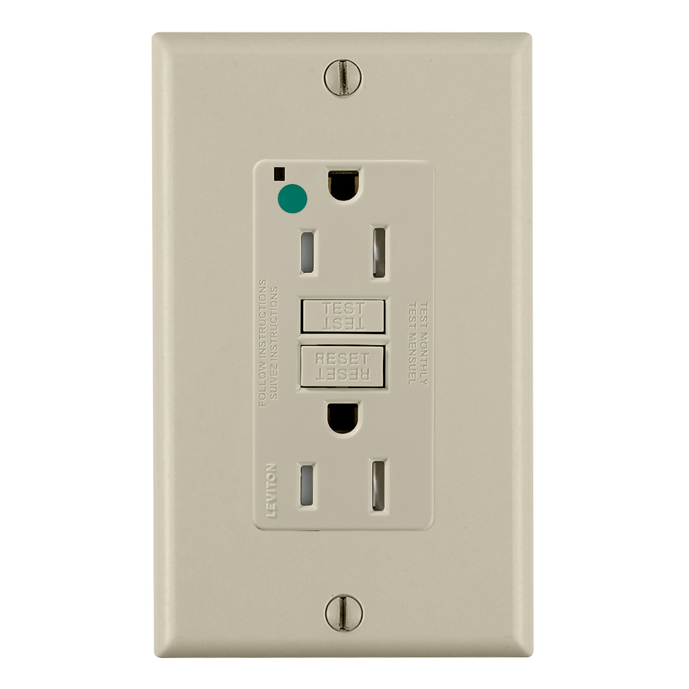 GFTR1-HGI SmartlockPro Slim Duplex Feed Through Self-Test Tamper Resistant GFCI Receptacle With LED Indicator, 125 V AC, 15 A, 2 Poles, 3 Wires, Ivory
