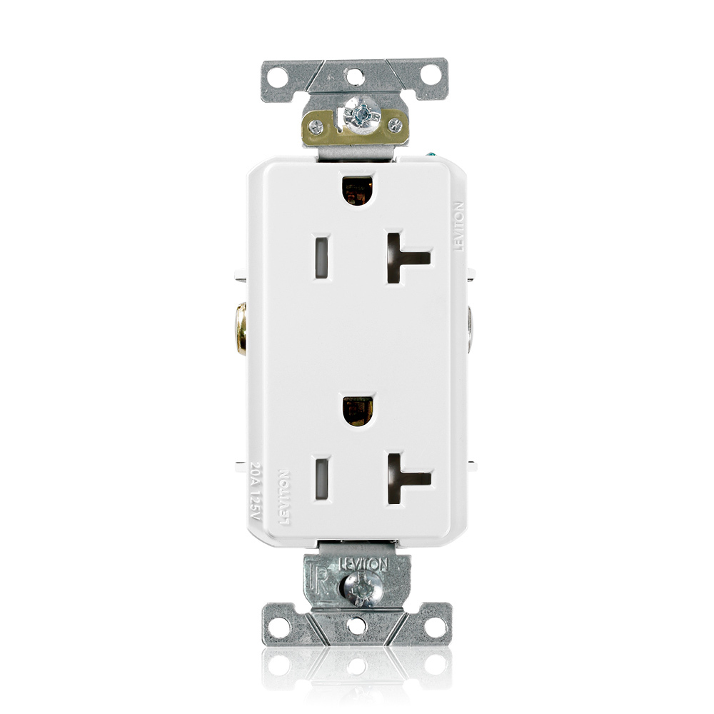 TDR20-W TDR20 Duplex Heavy Duty Self-Grounding Smooth Face Tamper-Resistant Straight Blade Receptacle, 125 V AC, 20 A, 2 Poles, 3 Wires, White