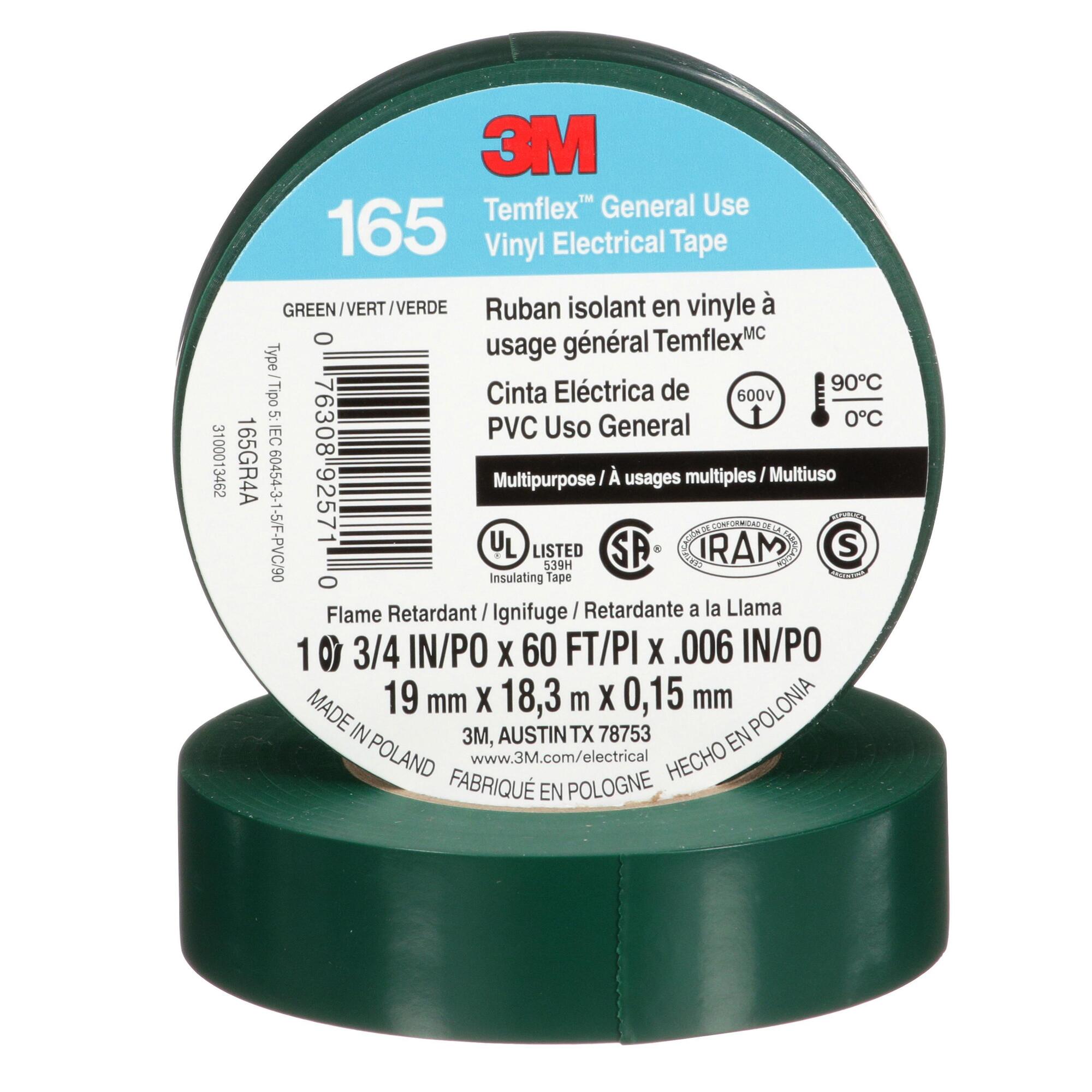 7100169430 Temflex 165GR4A Electrical Tape, 20 yd L 0.75 in W, 0.6 in THK, Vinyl, Rubber Adhesive, PVC Backing, Green