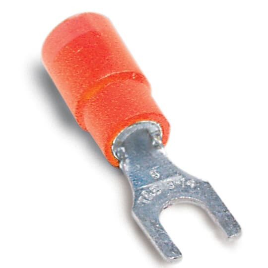 18RA-10FX Sta-Kon RA Series Expanded Insulated Fork Terminal, 22 to 16 AWG Conductor, 0.97 in L, Brazed Seam/Serrated Barrel, Copper, Red