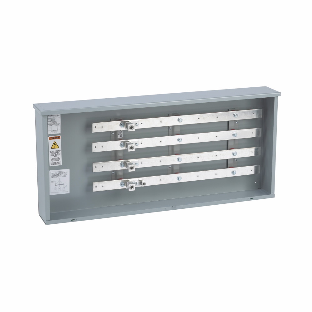 bussed gutter and termination cabinets, 600 A, 3R, 10 kAIC, #4 - 600 MCM, 6 positions, 5/16" mounting holes for load lugs, Galvanized steel, 3?/4W, (2) 1/0-250 MCM cables, NEMA type 3R, 3?/4W, Surface mount