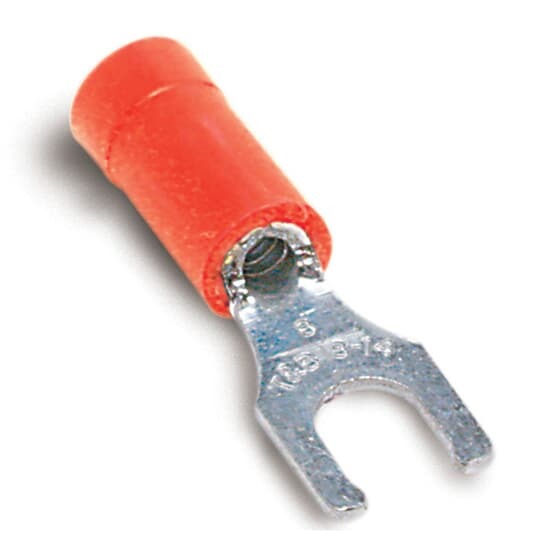 18RA-6FL Sta-Kon RA Series Insulated Fork Terminal, 22 to 16 AWG Conductor, 0.97 in L, Brazed Seam/Serrated Barrel, Copper, Red