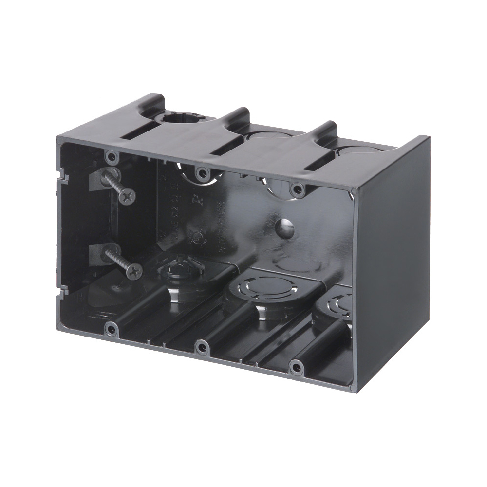 F103 One-Box Versatile Outlet Box With (2) Captive Screws and (1) Knockout, Plastic, 61 cu-in Capacity, 3 Gangs, 3 Outlets, 5.93 in L x 3.74 in W x 3.51 in H